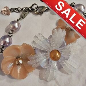 Sabika SS19 White Coral Resin Flowers Silver Pearl Beads Bracelet